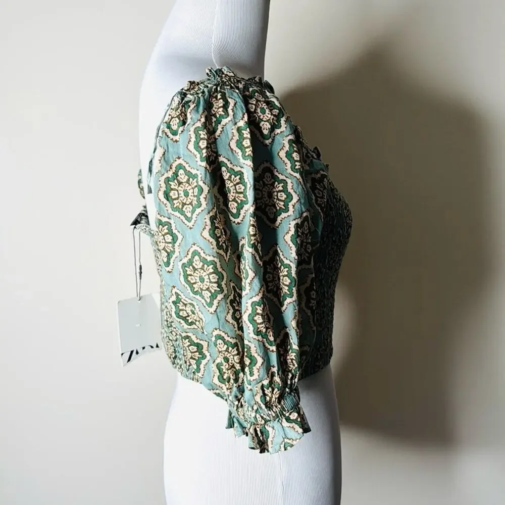 Zara Green Patterned Smocked Puff Sleeve Crop Top